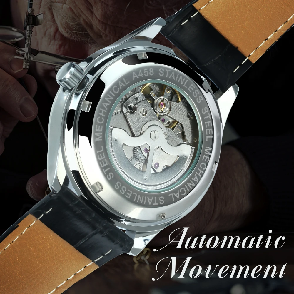 Winner Klassische Business-Armbanduhr für Herren, Retro-Kalender, blaue Zeiger, automatische mechanische Uhren, Top-Marke, Luxus-Stahl-Ledergürtel – Detail 7