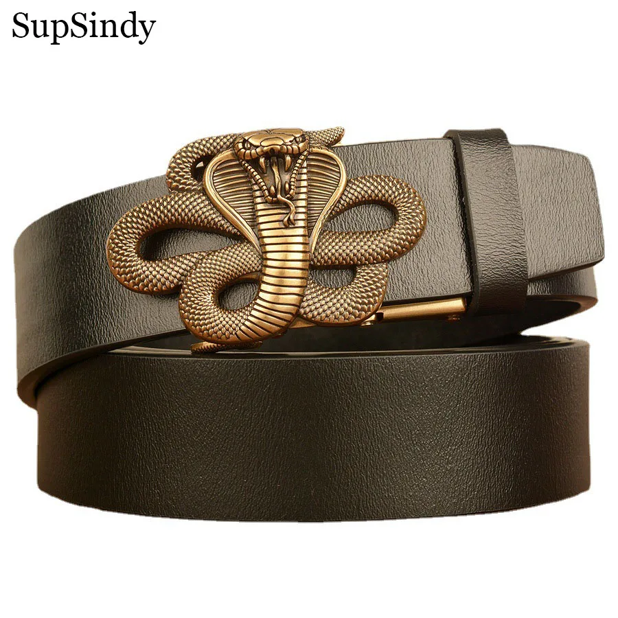 

SupSindy Men Leather Belt Gold Cobra Metal Automatic Buckle Black Genuine Leather Belts for Men Jeans Cowhide Waistband Strap