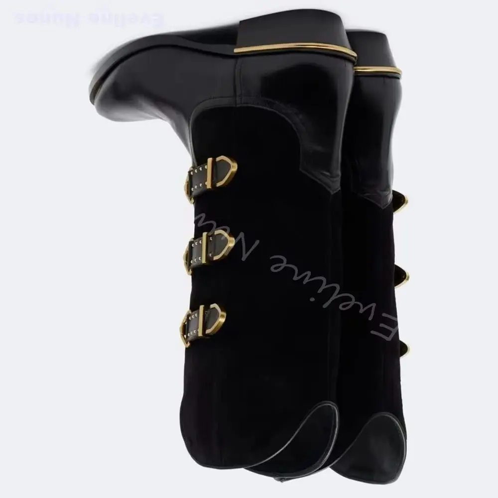 Botas vaqueras de cuero negro y ante para mujer, con punta cuadrada, hebilla triple de metal dorado, tacón bajo y botas de montar hasta la rodilla.