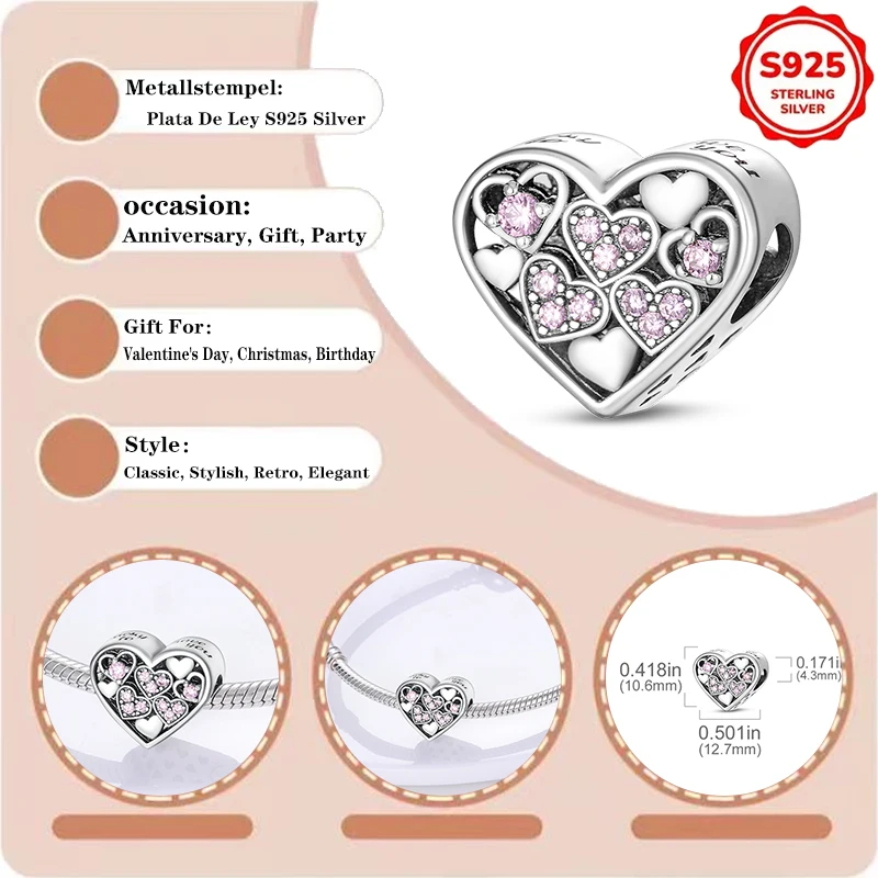 

TOP Charms Plata De Ley 925 Silver Heart-shaped Pink Pendant Beads Original Women's Bracelets Bangles DIY Jewelry Fine Gift