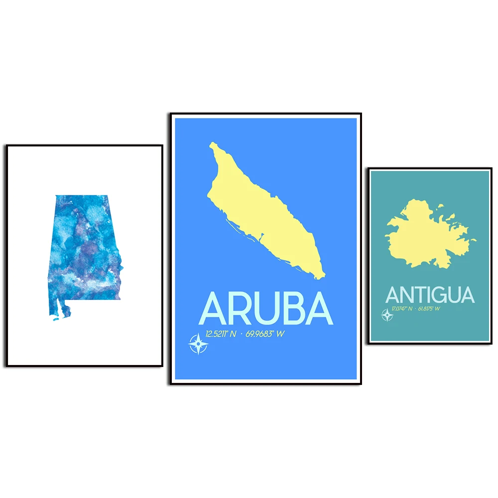 Travel City Map Canvas Painting - Bermuda Antigua Barbados Aruba Alabama Washington Massachusetts Maryland Wall Art Decor