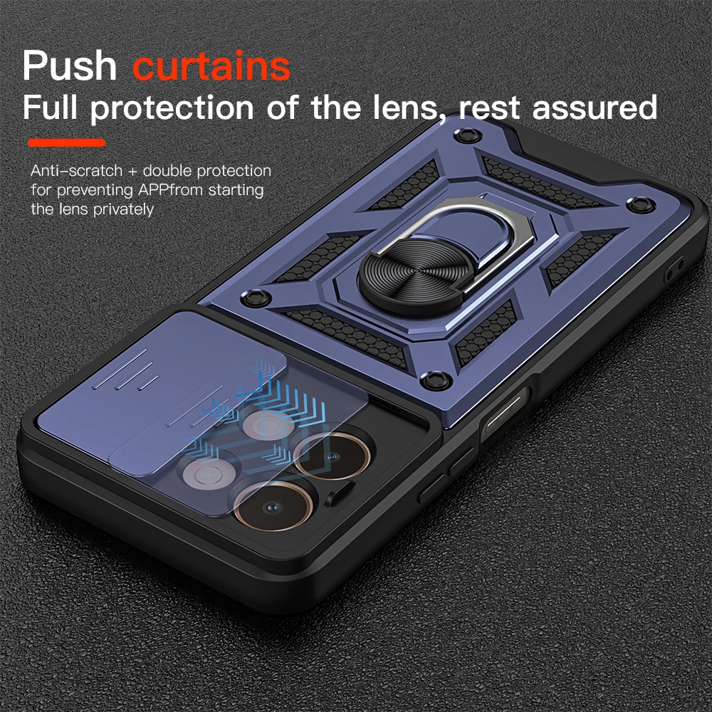 KEYSION Shockproof Armor Case for VIVO Y28 Slide Push Pull Camera Lens Protection Ring Stand Phone Back Cover for VIVO Y28 4G