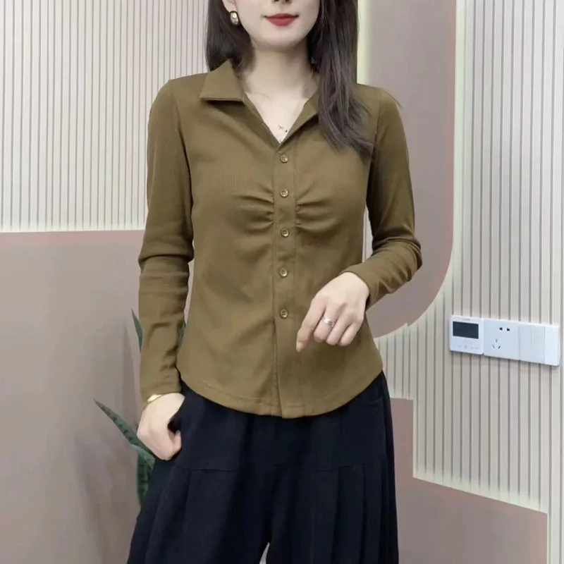 

Футболка с длинными рукавами, женская осенняя новая плиссированная рубашка, темпераментная женская универсальная базовая рубашка