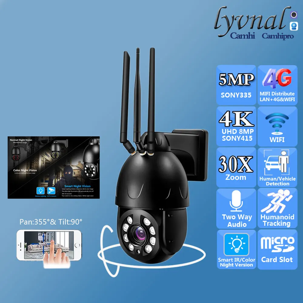 

UHD 4K 8MP 3G 4G SIM Card Wireless Security IP Camera Wifi PTZ Dome 30X Zoom Auto Tracking Two Way Audio IR/Color Night Version