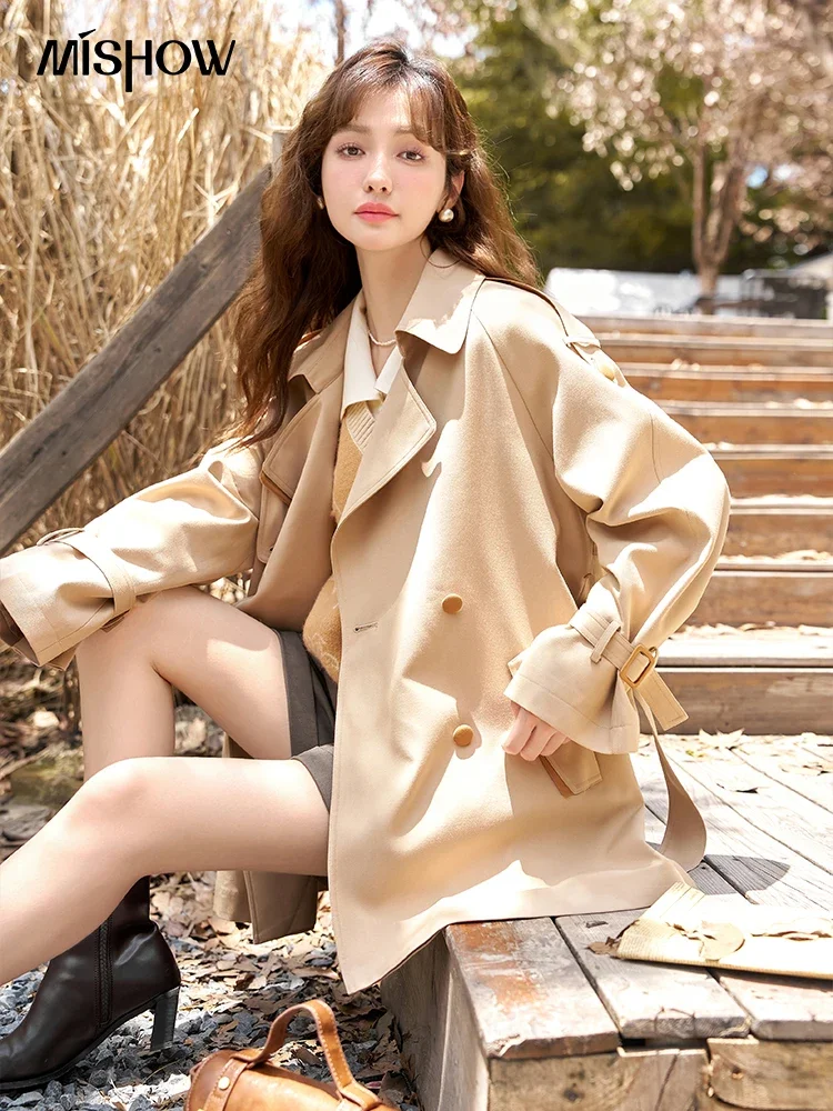 MISHOW Women\'s Trench 2024 Autumn Vintage Contrast Turn-down Collar Loose Female with Belt Double Breasted Solid Coat MXC44W0040