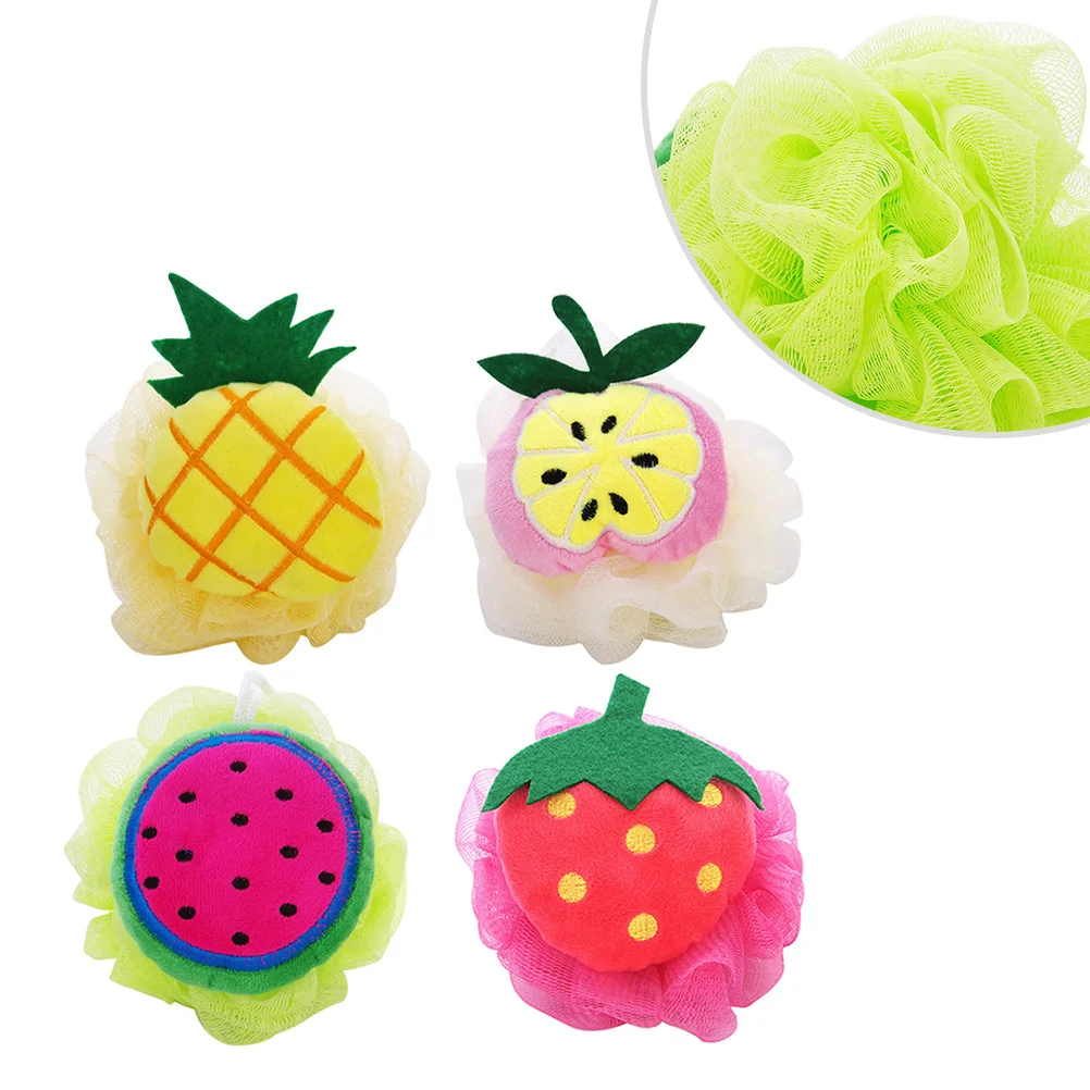 

4pcs Large Shower Ball Colorful Fruit Shape Bath Ball Mesh Sponge Mesh Pouf (Pineapple + Watermelon + + Strawberry)