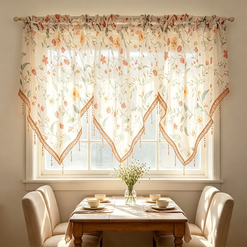 1pc French Floral Butterfly Voile Window Curtain, Premium Terilon Light Permeable Valance with Triangle Crystal Bead Tassel