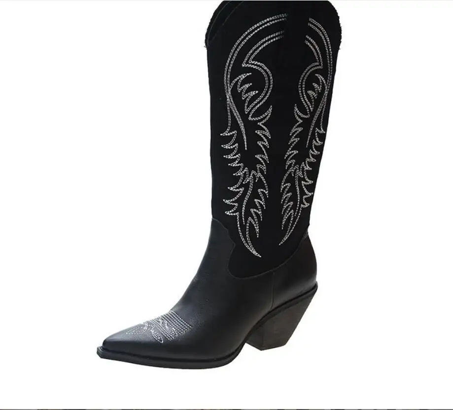 Fashion Embossed Microfiber Leather Women Boots Pointed Toe Western Cowboy Boots Women Knee-High Boots Chunky Thick heel boots