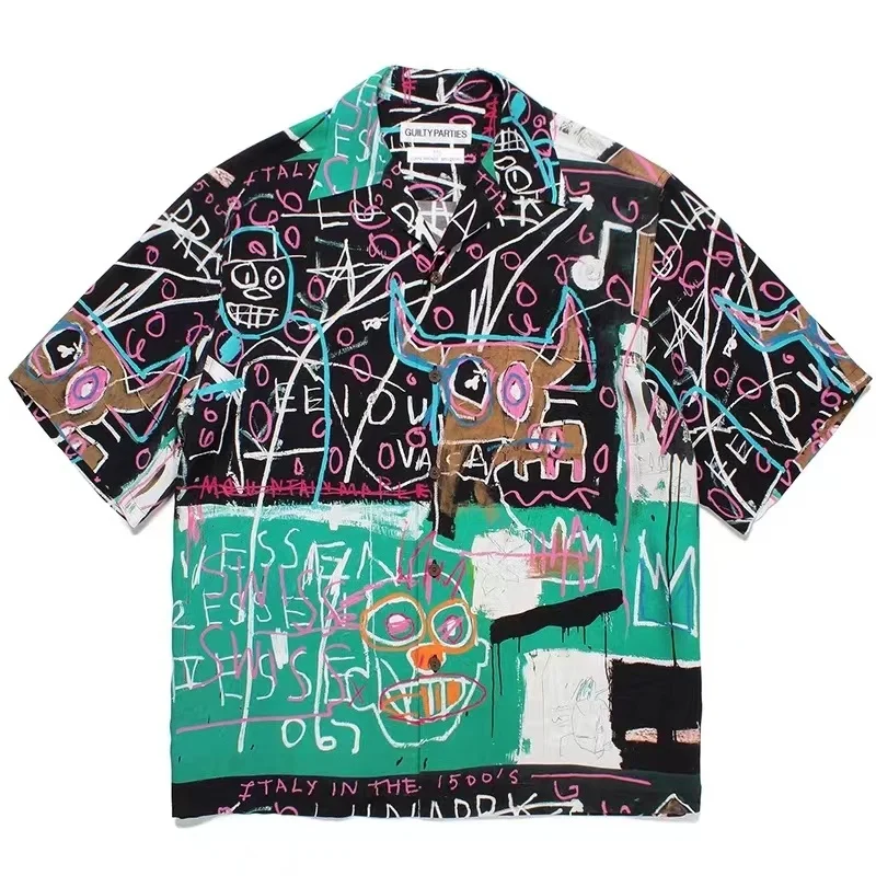 Vintage Summer Pocket High Quality WACKO MARIA Hawaiian Loose Casual Cuban Neck Graffiti Short Sleeve Shirt Tops