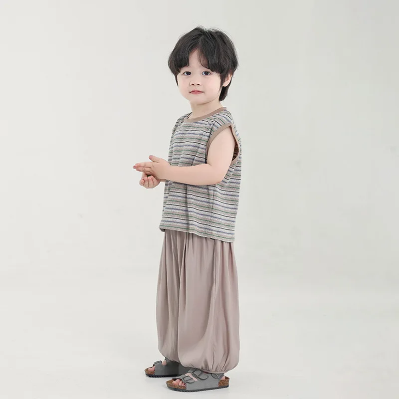 

Baby Boy Summer Two-piece Suit Stripe Sleveless Top+Loose Lantern Pants Toddler Boys Sets Thin Casual Kids Baby Boys Vest Sets