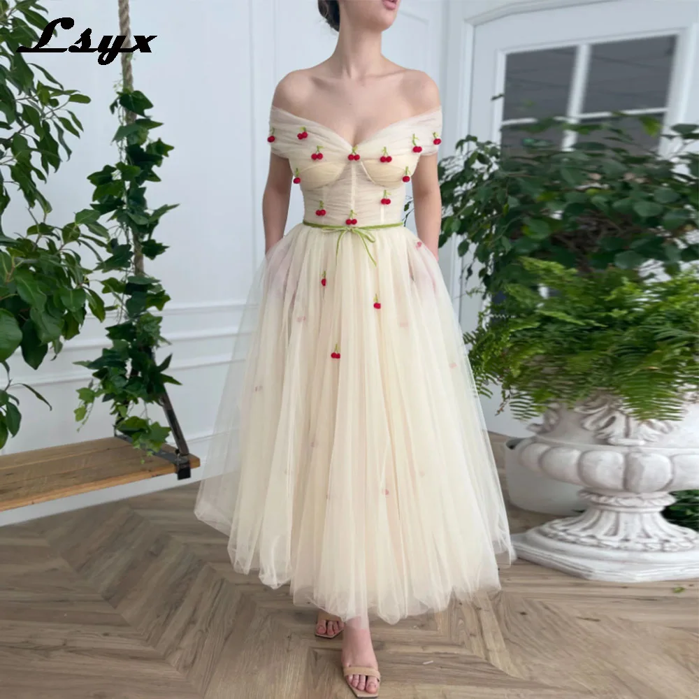 

Summer Beach Tulle Cherry Sweetheart Prom Dresses 2023 Off The Shoulder A Line With Pockets Ankle Length Evening Gown Homcoming