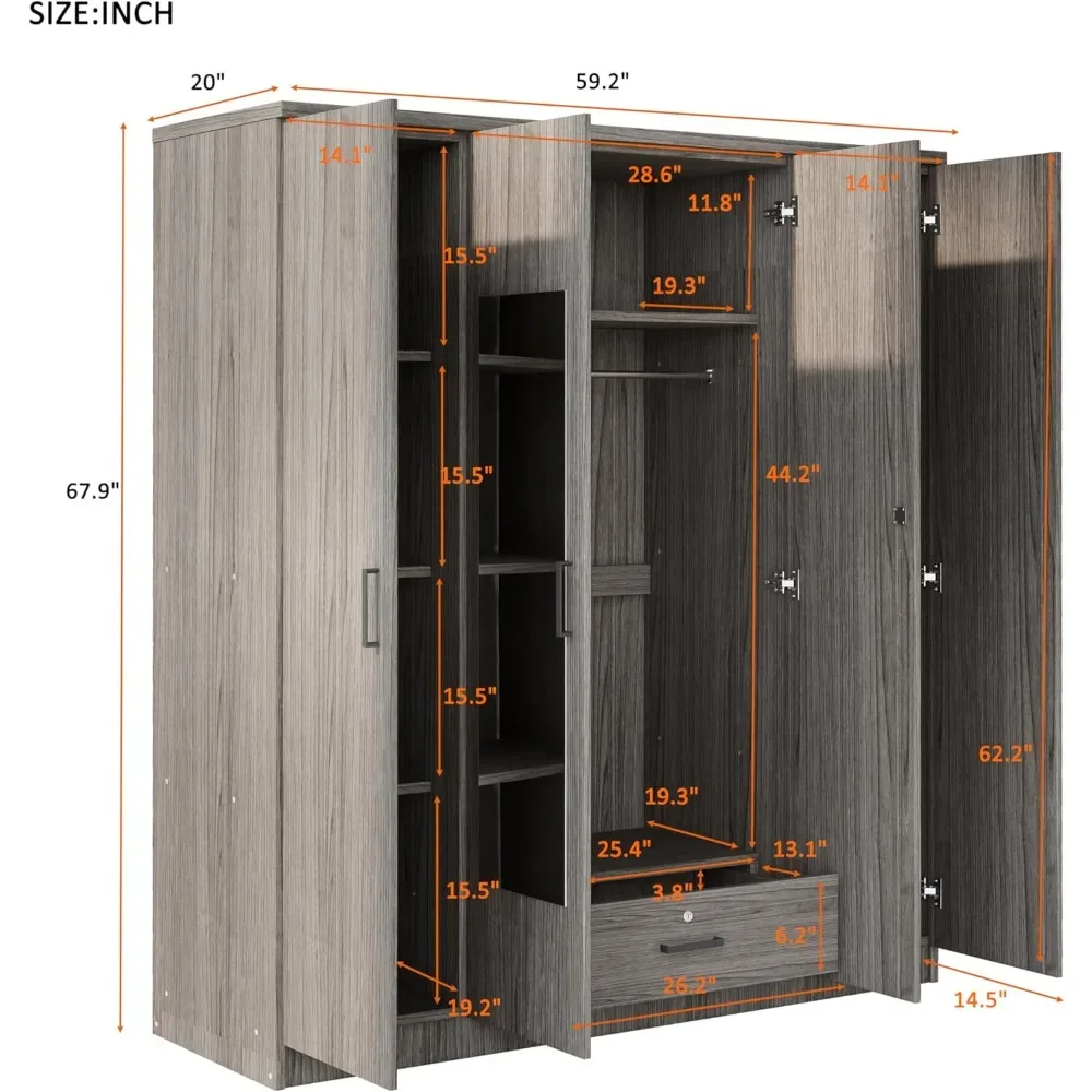 4-Door Wardrobe| with Full-Length Mirrors, Lockable Storage, Modern| Design for Bedroom or Living Room, Gray