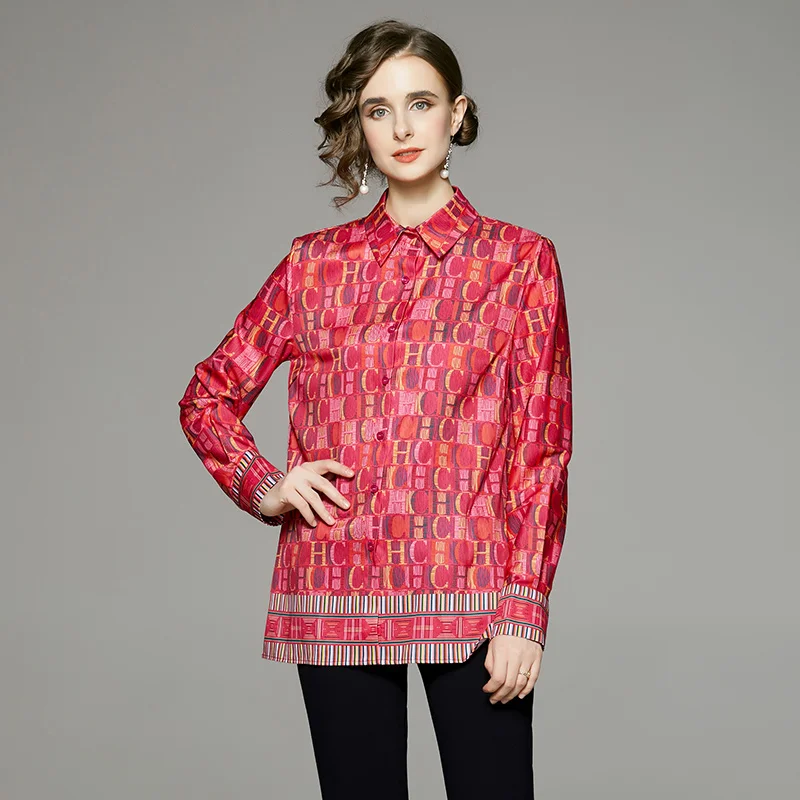 Blus huruf Fashion kasual kebesaran warna merah, atasan sifon lengan panjang bercetak blok warna musim semi musim panas