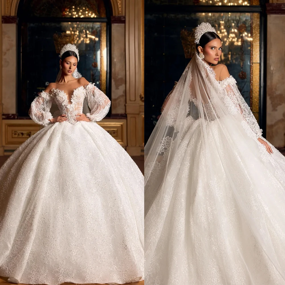 Luxury Lace Wedding Dress Off Shoulder Long Sleeve Ball Gown Party Prom Customized Formal Tulle Dress D262273