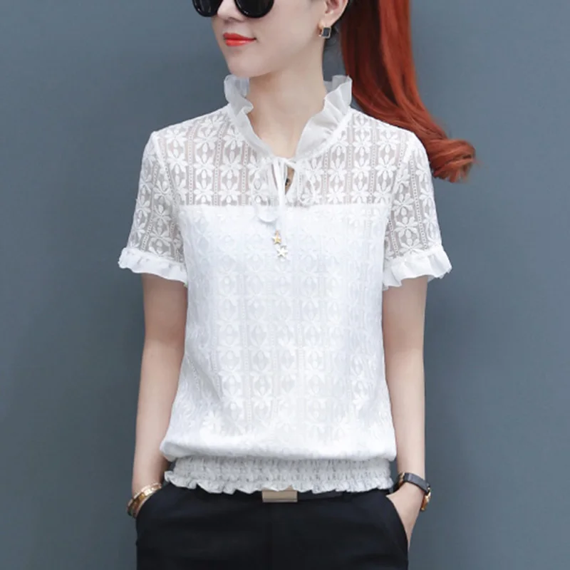 Elegant Lace Spliced Shirring Lace Up Bow Ruffles Blouse Female Clothing 2023 New Casual Pullovers Tops Office Lady Shirt