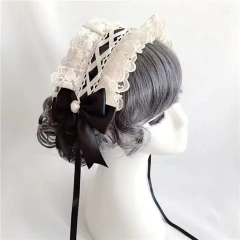 

Ribbon Bow Hairband with Hairpins Girls Lolita Lace Ruffled Headband Sweet Star Embroidery Anime Maid Cosplay Headdress
