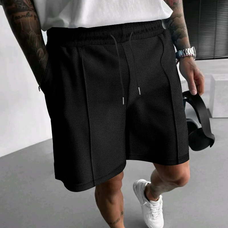 2026 Sommer Neue Kollektion Herren Einfarbige Lässige Waffel-Sport-Shorts, Lose Fitness-Shorts mit Atmungsaktivität für Laufsport