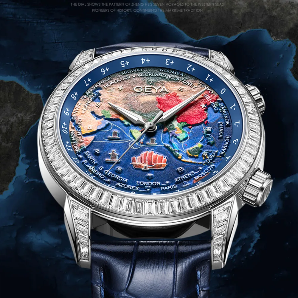 GUYA Worldtimer Fully Motorised Mechanical Men's Western Navigator Worldtimer, Luminous, Power Reserve, Luxury Watches