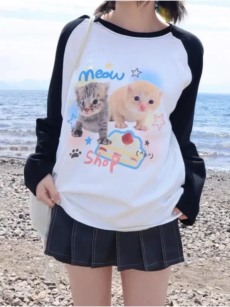 

HOUZHOU Kawaii Cat Print T-shirts Women Japan Style Kitten Long Sleeve Cutecore Tops E-girl T-Shirt for Teen Girl Pullover Alt