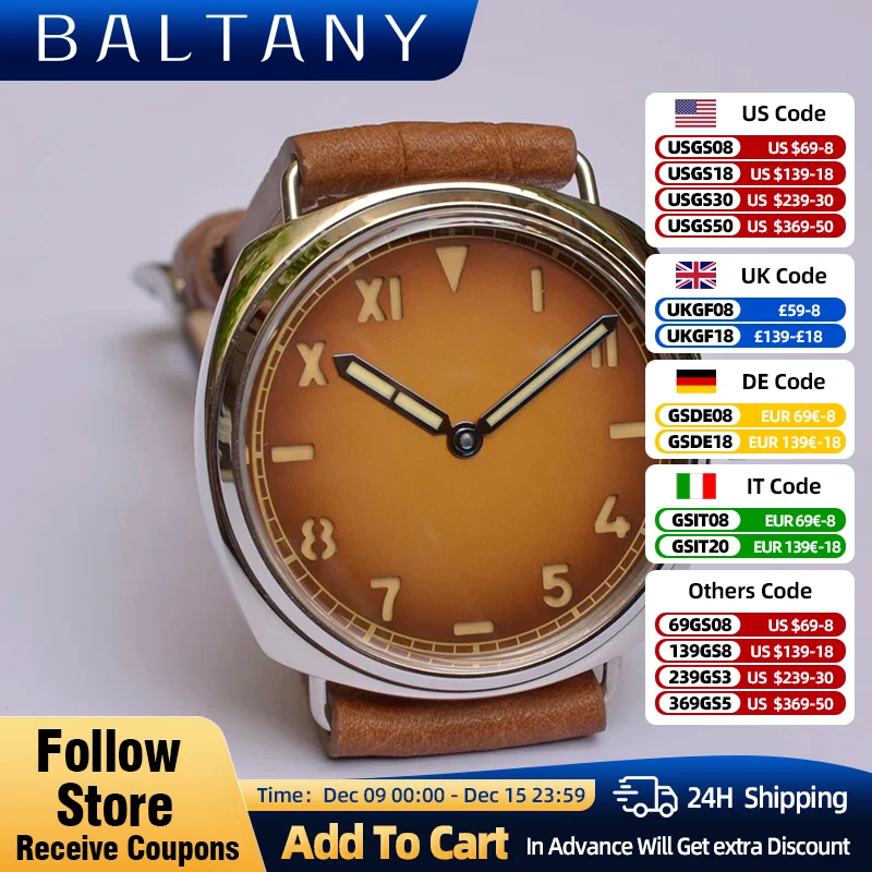 Baltany Military Mechanical Watch California Sandwich Dial 100M Waterproof ST3600 Manual Winding Vintage Men Wristwatch