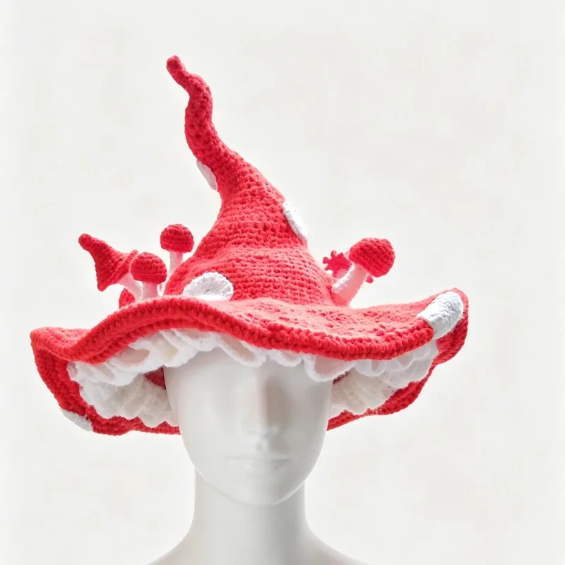 Handmade Red Blue Mushroom Hats Women Custom Crochet Plush Knitted Ruffled Cap Men Kawaii Casual Outdoor Cosplay Accessory Boys