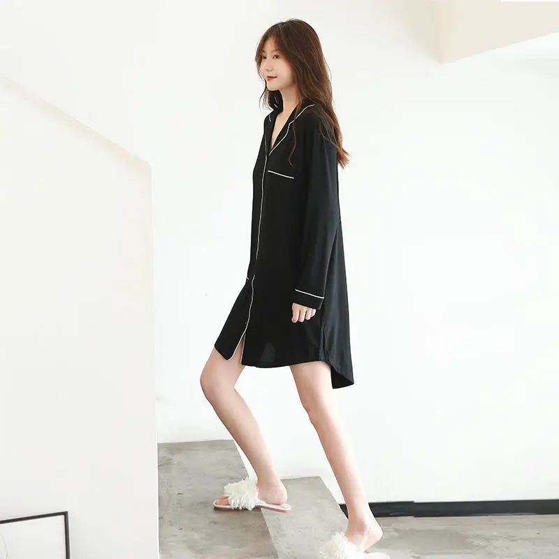 Simple Black MINI ความยาว Nightgowns ผู้หญิง Patchwork หลวม Turn-Down COLLAR Nightdress ฤดูร้อน Breathable เกาหลีสไตล์สวมใส่