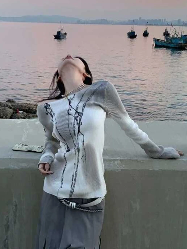 Y2k Vintage imprimé haut pour femme à manches longues t-shirts Streetwear coupe ajustée Slash cou sous-culture 2025 automne femme mode japonaise nouveau