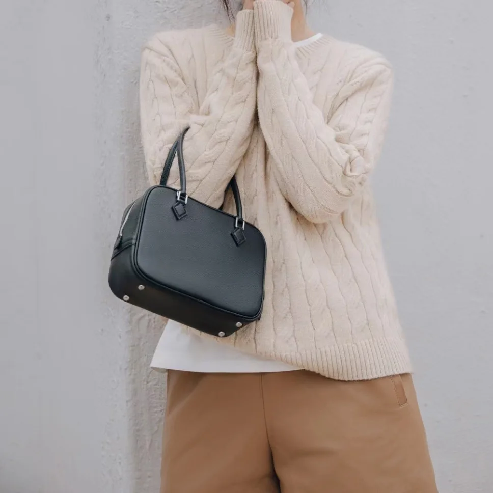 

Genuine leather women's bag, badminton bag, summer retro hand-held small square bag, Boston-style bag, women's single-shoulder c