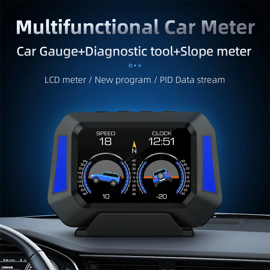 OBD2+GPS+Slope Meter HUD Smart Gauge Speed RPM BAT Alarm Acceleration&Brake Test Scan Fault Code