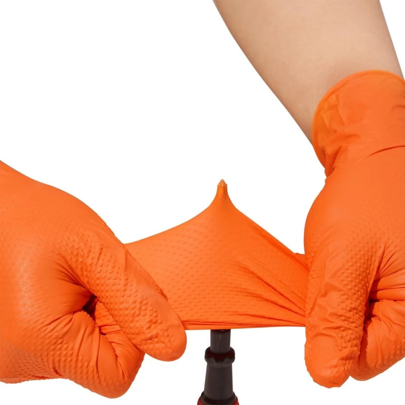 8Mil Heavy Duty Orange Nitrile Gloves Disposable Safety Work Gloves with Diamond Textured Grip Industrial Mechanic Auto Gloves