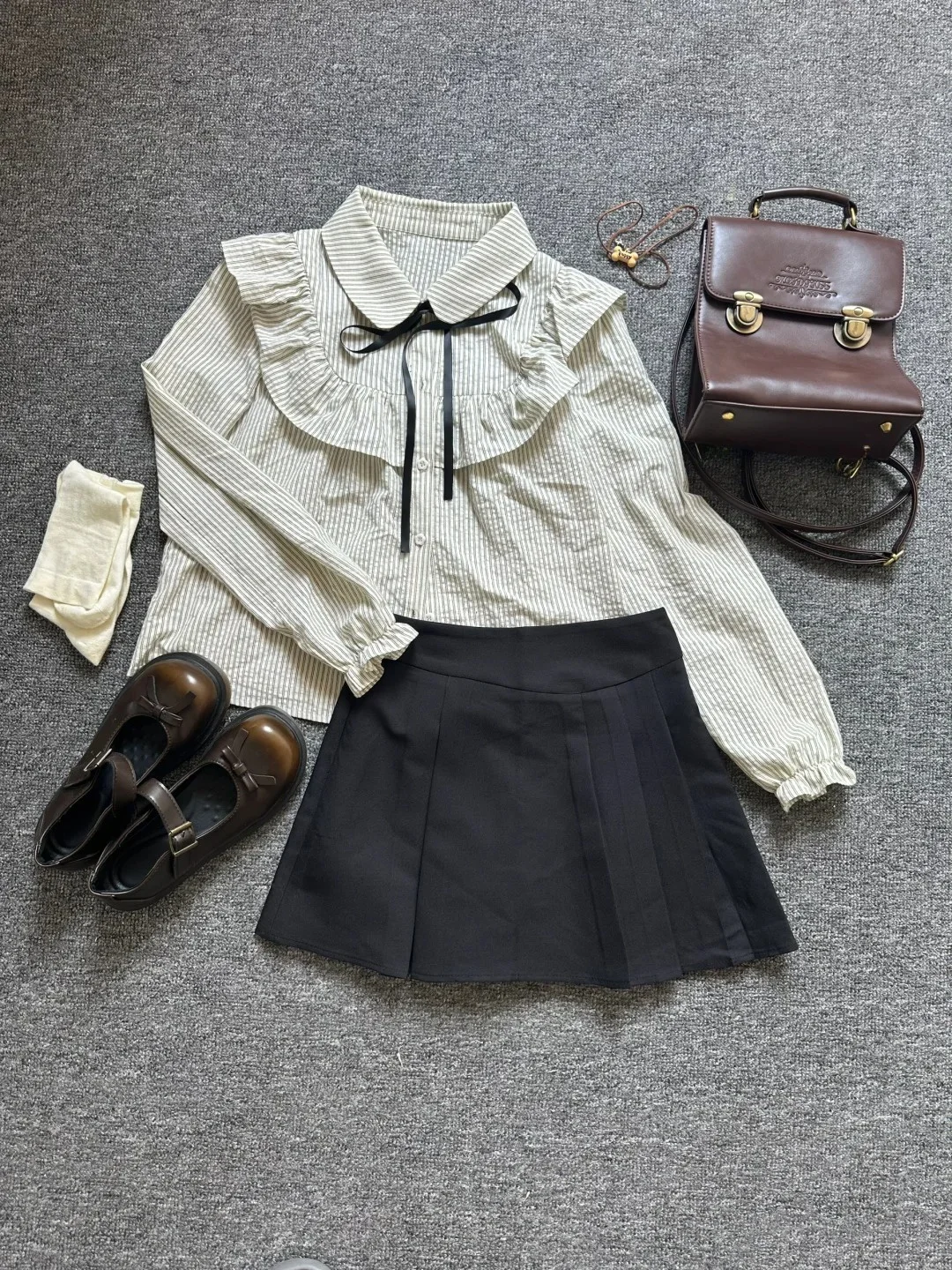 

Sweet School Uniform Style Three-Piece Set Women's Short Sleeve Striped Shirt with Bow Tie High Waist Skirt Fashionable ...