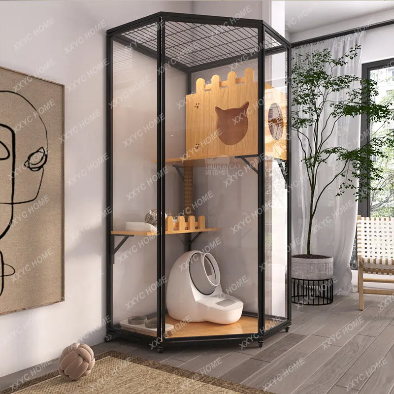 Cat Villa Glass Room Cat Cage Sky City Solid Wood Home Cat Room Display Cabinet Three Layers Cat Cage