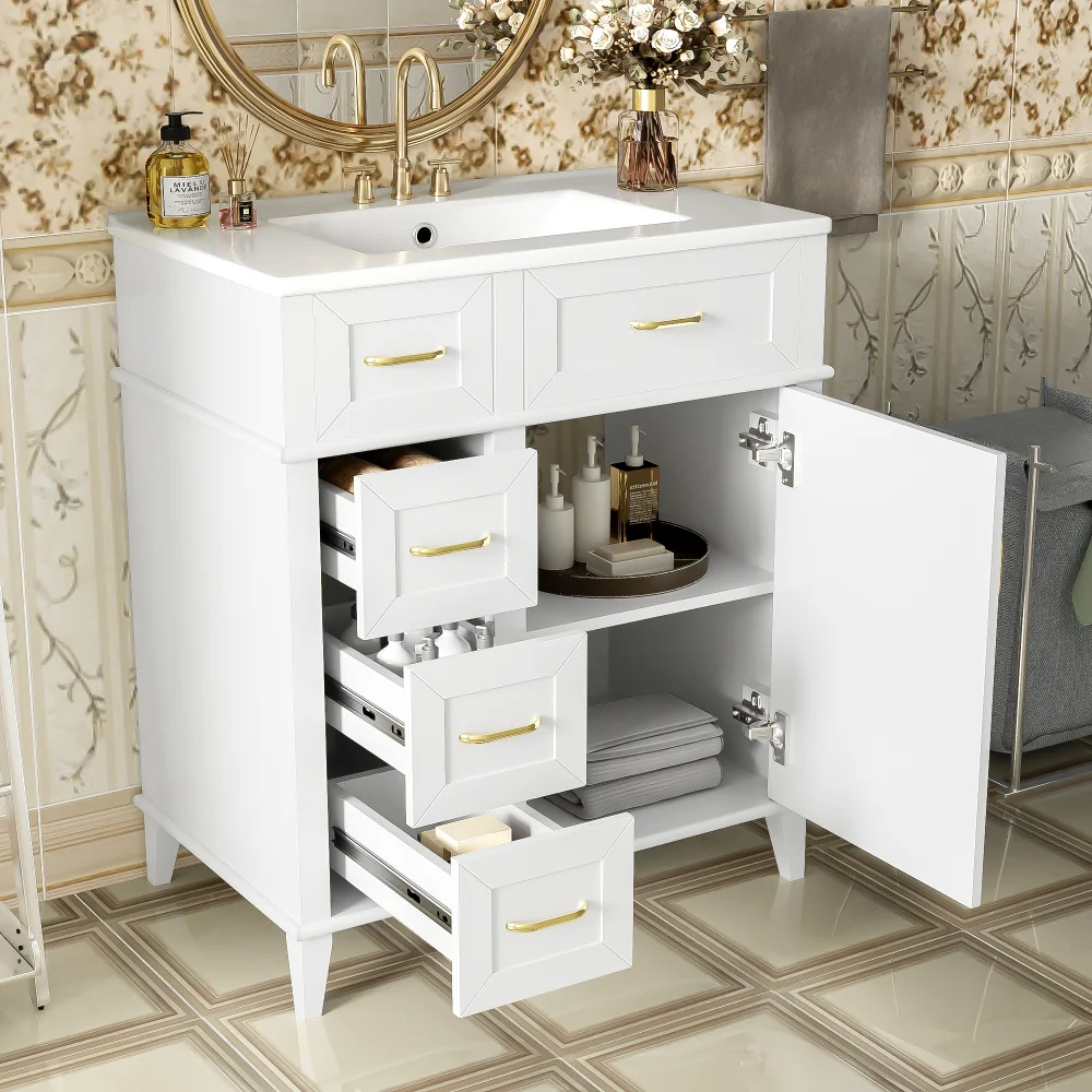 Vanité de salle de bain de 30 pouces avec lavabo en céramique, étagère réglable, porte à fermeture douce et trois tiroirs à fermeture douce