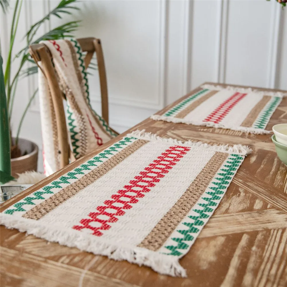 Nordic Woven Hollow Placemat For Dining Table Mat Handmade Jute Retro Cotton Linen Tableware Plates Household Hotel Decorations