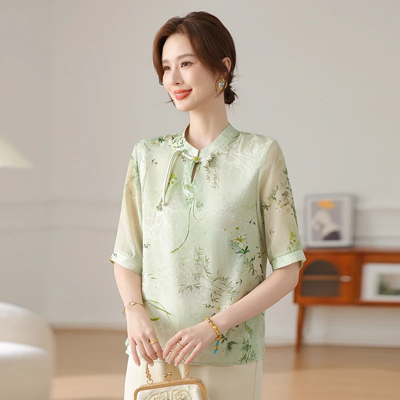 

New Chinese Sle Summer Outfit for Mom Chiffon irt Set Mid-aged And ly Women ort Sve Floral Print Loose Fit Two-...