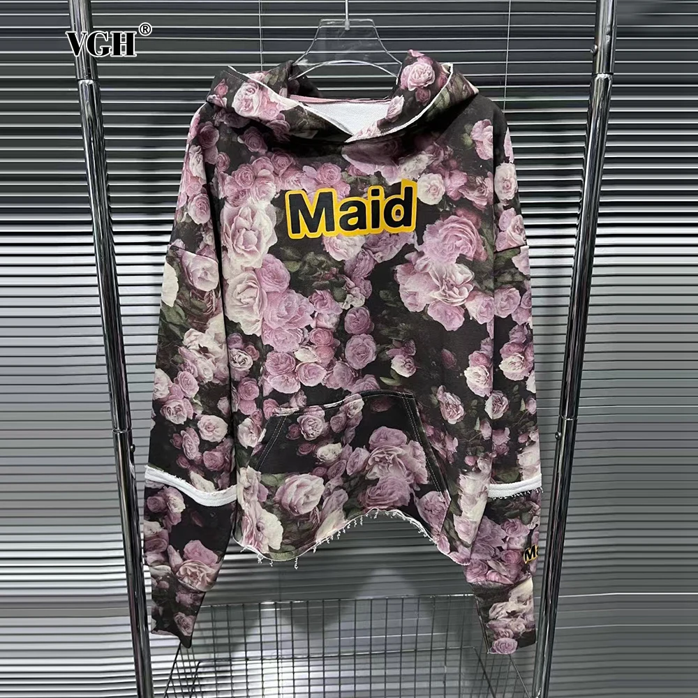 VGH Casual Rose Printing Sweatshirt for Women Long Sleeve Spliced Pocket Letter Decoration Fashion Hoodies Female Clothing Style