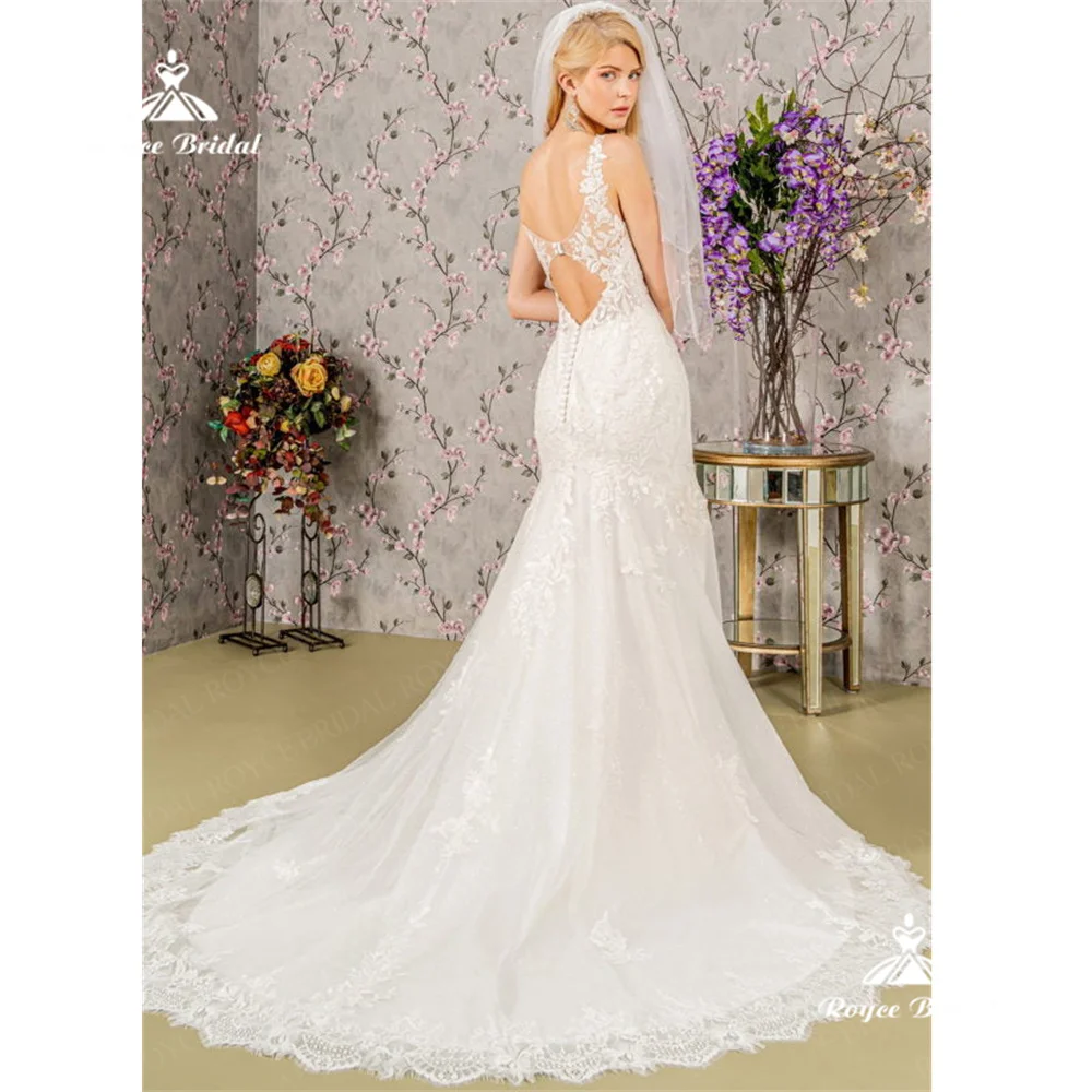 Свадебное платье Roycebridal с V-образным вырезом и юбкой-годе 2025 кружевное свадебное платье с открытой спиной со шлейфом