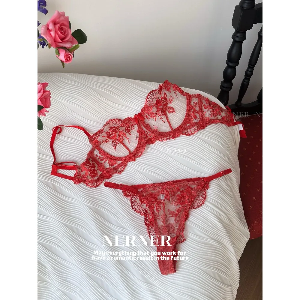 BANERDANNI French Style Mesh Embroidery Lace Bra Set With Underwire Slightly Sheer Thin Lingerie Minimizer Bra For Big Bust S-XL