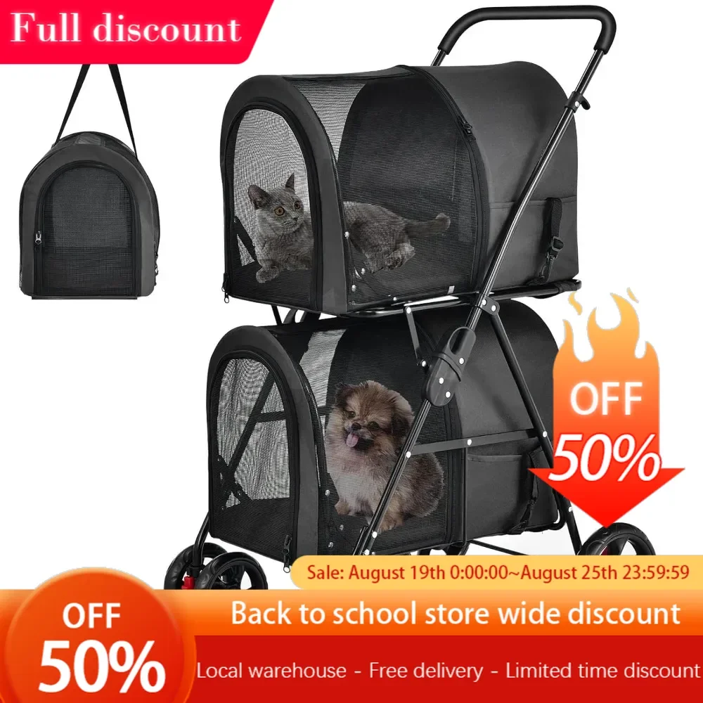 

Dual Pet Cart, Equipped with 2 Detachable Tote Bags and Seat Belts, 4 Lockable Wheel Storage Spaces, Cat and Dog Cart (Black)