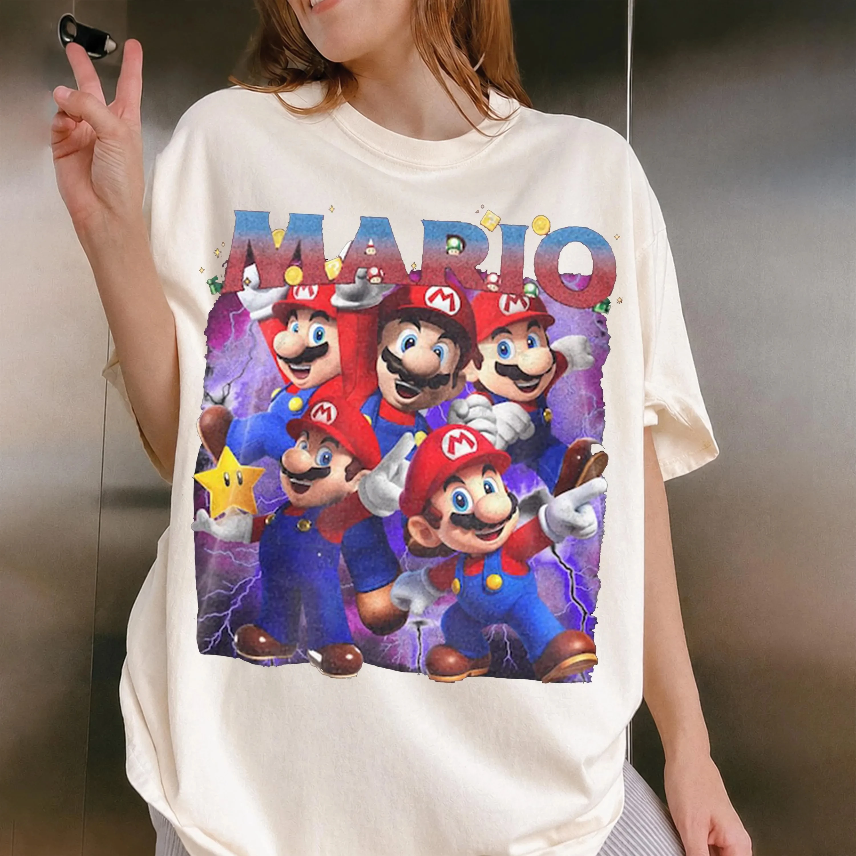 Super Mario Bros Cartoon Print T-shirt Unisex Short Sleeve Cotton O-neck Star Coin Graphic Casual Summer Tops Fan Gift