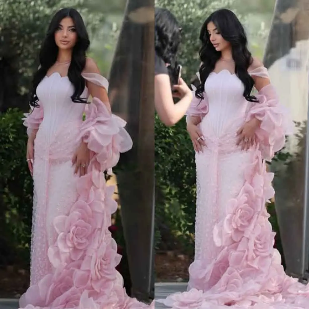 

High Quality Customized Floor Length Appliques Pink Sleeveless Flowers Beaded Strapless Платье Корейский Стиль Dresses Women