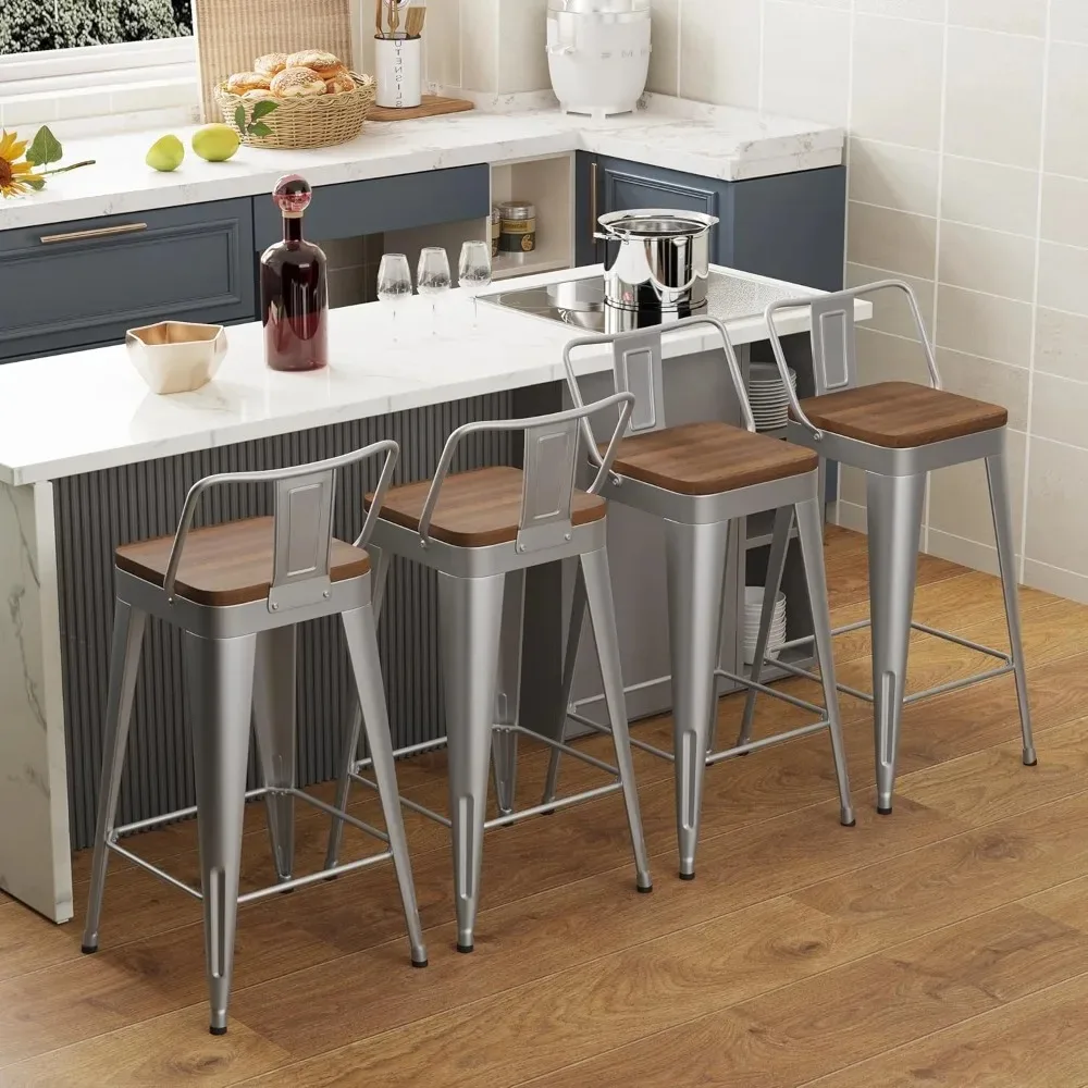 

Bar Stools Set of 4 Counter Height Bar Stools Metal Barstools with Removable Back 26" Kitchen Bar Stools with Wooden Seat, Rusty