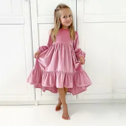 Kids Little Girls Daily Dress Autumn Long Sleeve Solid Irregular Princess Dress Ruffle Casual Party Dresses Outfits Clothes 2024