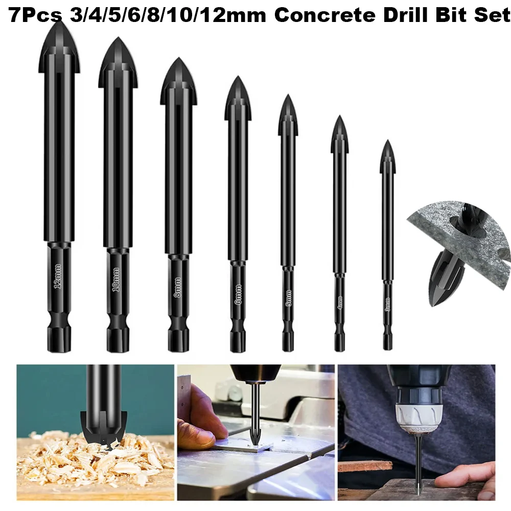 7Pcs Hex Cross Tile Glass Ceramic Drill Bits Set 3/4/5/6/8/10/12mm Masonry Cross Tungsten Carbide Cutting Edge Drilling Bits