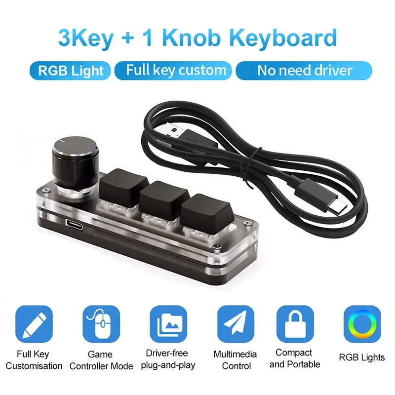 Mini clavier mécanique RGB à 3 touches et 1 bouton rotatif avec programmation personnalisée, interrupteurs rouges, claviers de jeu pour Photoshop
