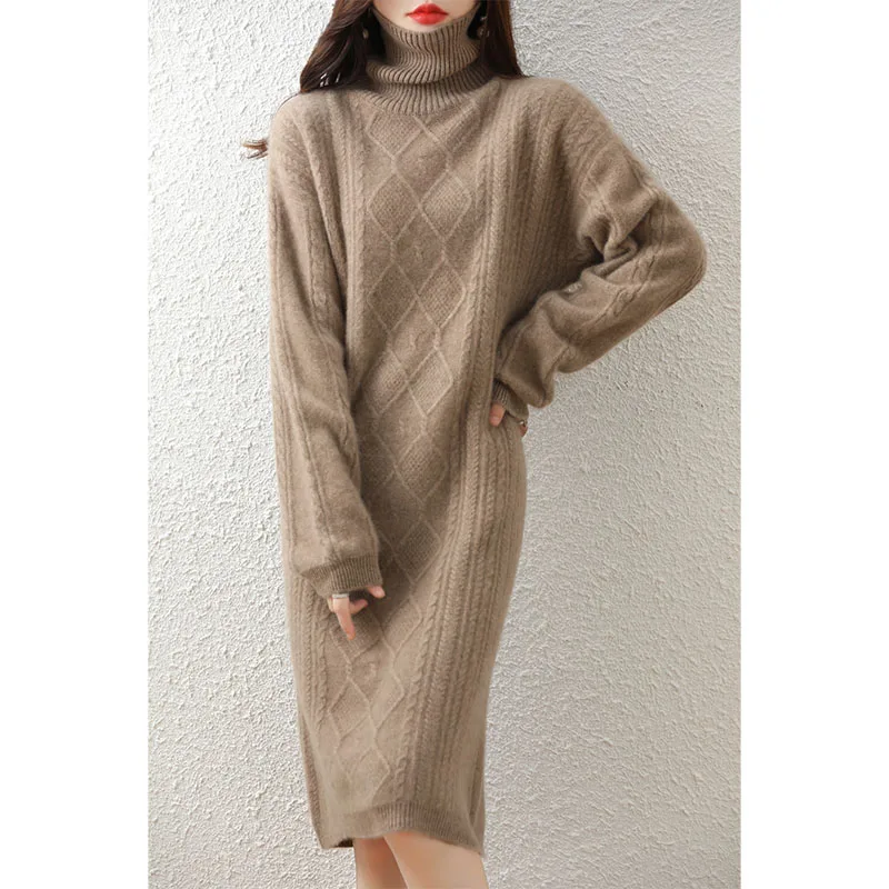 

Winter Knitted Dresses Cashmere Sweater Women 100% Merino Wool Female Casual Turtleneck Dress Autumn Fashion Chic Skirt Clothing