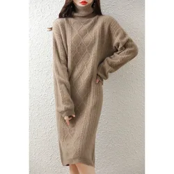 Winter Knitted Dresses Cashmere Sweater Women 100% Merino Wool Female Casual Turtleneck Dress Autumn Fashion Chic Skirt Clothing