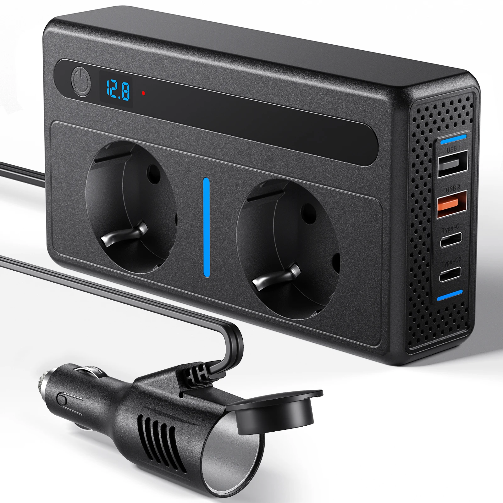 300W Fahrzeug-Wechselrichter, wandelt 12V DC in 220V AC um, mit zwei Steckdosen und 2 USB-Anschlüssen, 2 Typ-C PD-Anschlüssen
