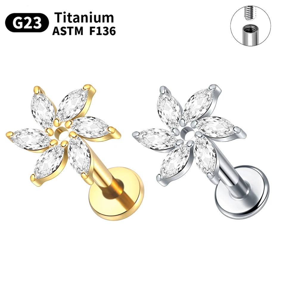 

1Pc ASTM F136 Titanium Labret Medusa Monroe Piercing 16G Flower CZ Helix Cartilage Conch Tragus Lobe Ear Piercing Body Jewelry