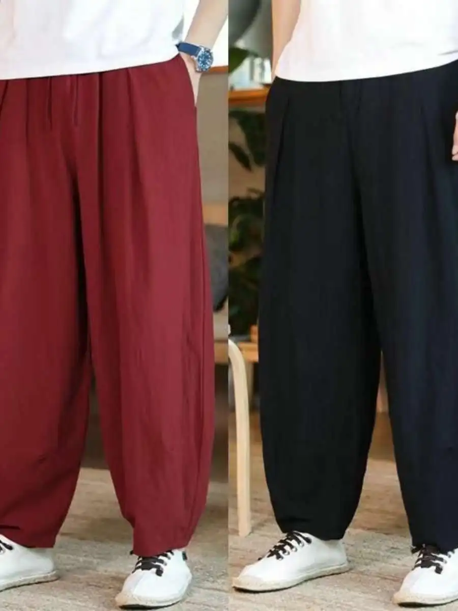

New Retro Japanese Cotton Lin Men's Spring Straight Leg Floor-Length Pants Loose Wide Leg Casual Trousers Comfortable Fit
